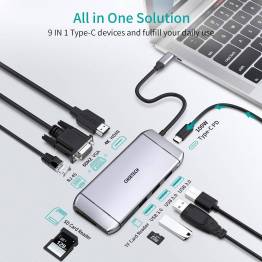  Choetech 9-i-1 4K HDMI, 100W PD og USB 3.0 USB-C Hub, Grå