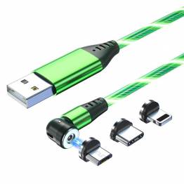  Lysende magnetisk multi opladerkabel Lightning, MicroUSB, USB-C - Grøn