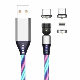 Lysende magnet multi opladerkabel Lightning,MicroUSB,USB-C -Flerfarvet