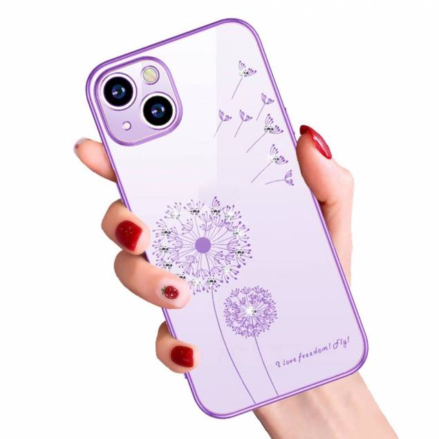 iPhone 13 cover 6,1" gennemsigtigt med bling og blomster - Lilla