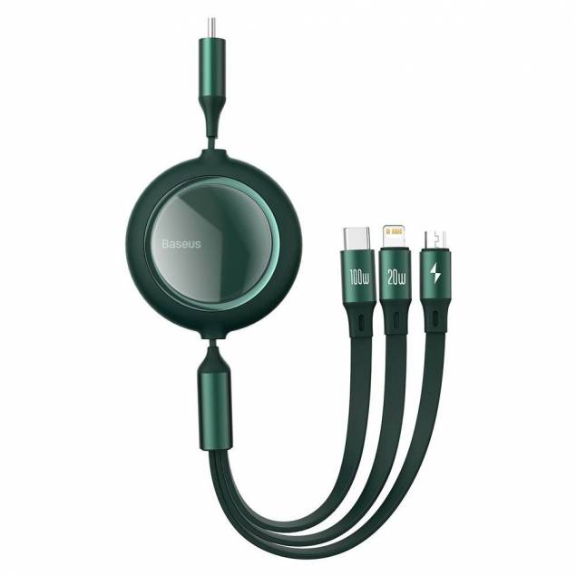 Billede af Baseus 3-i-1 USB-C kabel m udtræk Lightning, MicroUSB og USB-C - Grøn