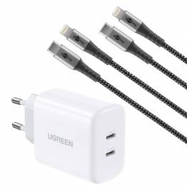 Ugreen 40W dobbelt oplader med USB-C PD og 2 MFi Lightning kabler - 1m