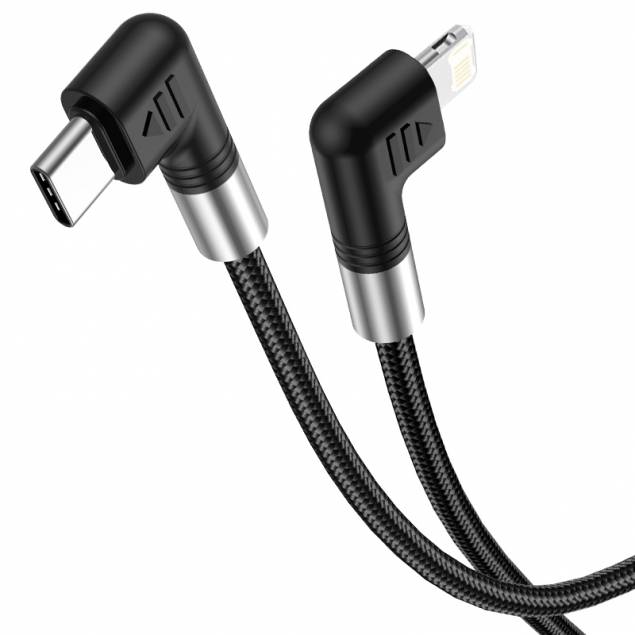 USB-C til Lightning kabel med vinkel 0,5m - 30W - sort vævet