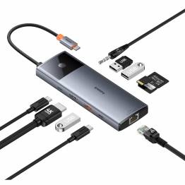 Baseus USB-C 10-i-1 hub: 3xUSB, 2xUSB-C 100W PD, HDMI, kortlÃ¦sere, RJ45, mini jack og On/Off knap til skÃ¦rm