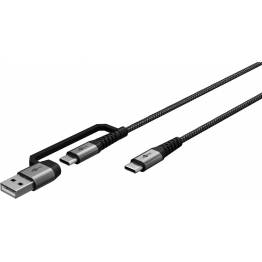 Goobay 2-i-1 hårdført vævet multikabel USB/USB-C til USB-C - 60W - 3 meter