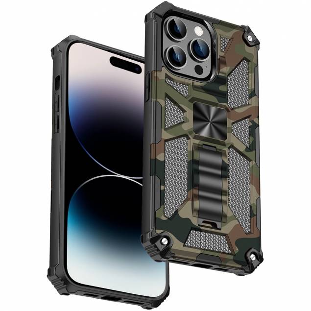 Ekstra beskyttende iPhone 14 Pro cover med kickstand - Grøn camo