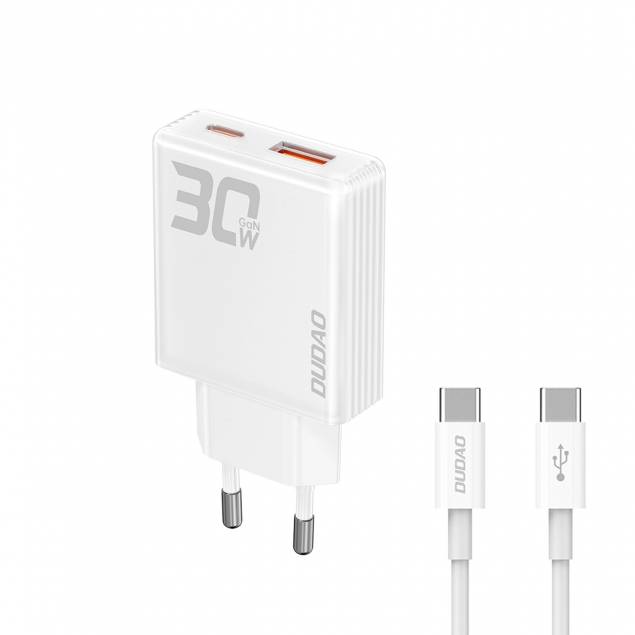 Dudao GaN 30W PD oplader USB-C / USB-A inkl 1m USB-C kabel - Hvid