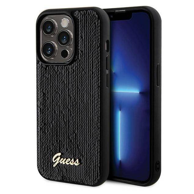 Guess paillet skrift metal cover til iPhone 13 Pro Max - sort