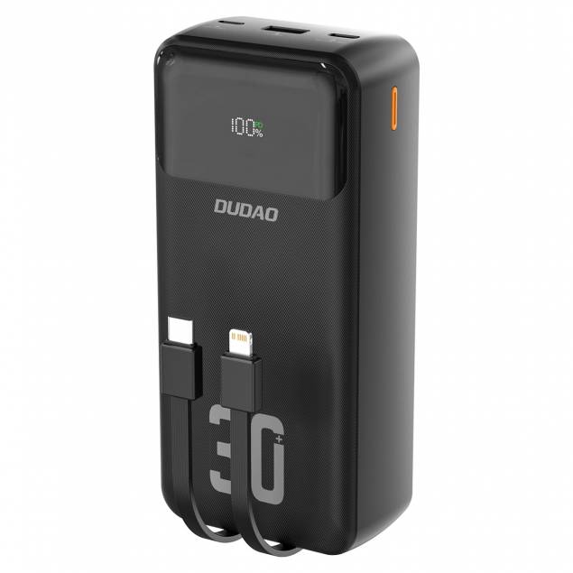 Dudao K15Max powerbank 30.000mAh m USB-C og Lightning kabel - 22,5W PD+QC - Sort