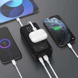  Dudao K15Max powerbank 30.000mAh m USB-C og Lightning kabel - 22,5W PD+QC - Sort