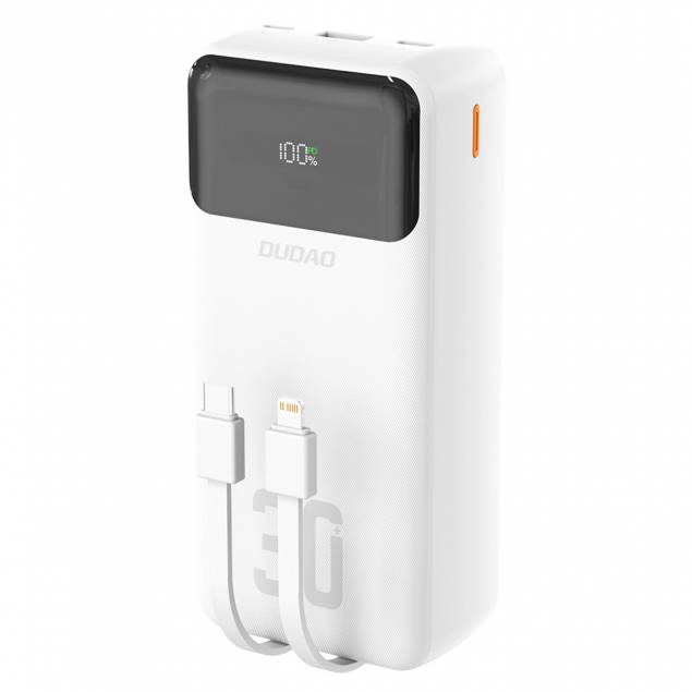 Dudao K15Max powerbank 30.000mAh m USB-C og Lightning kabel - 22,5W PD+QC - Hvid