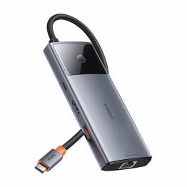 Baseus USB-C 6-i-1 hub: 2xUSB, 2xUSB-C 100W PD, HDMI og RJ45 og On/Off knap til skærm