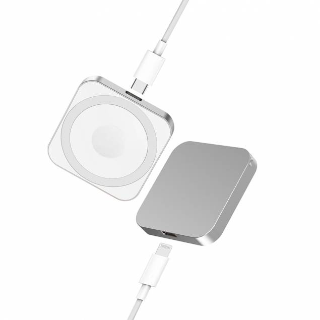 Pocket-size 3-i-1 Qi trådløs oplader - sølv